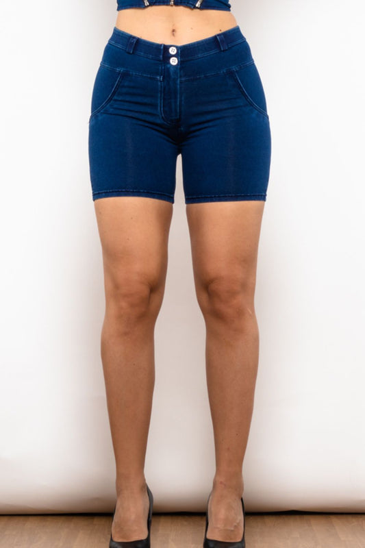 Full Size Buttoned Skinny Denim Shorts - Denim Shorts - FITGGINS