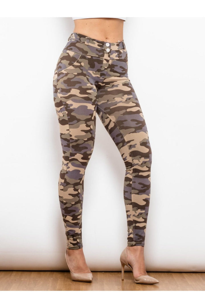 Full Size Camouflage Buttoned Leggings - Pants - FITGGINS