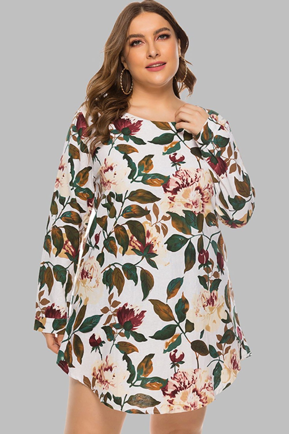 Full Size Floral Long Sleeve Mini Dress - Casual & Maxi Dresses - FITGGINS