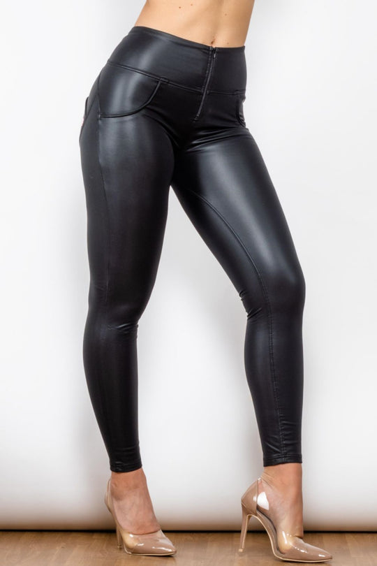 Full Size PU Leather Zip Detail Leggings - Pants - FITGGINS