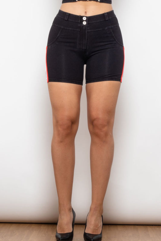 Full Size Side Stripe Buttoned Denim Shorts - Denim Shorts - FITGGINS