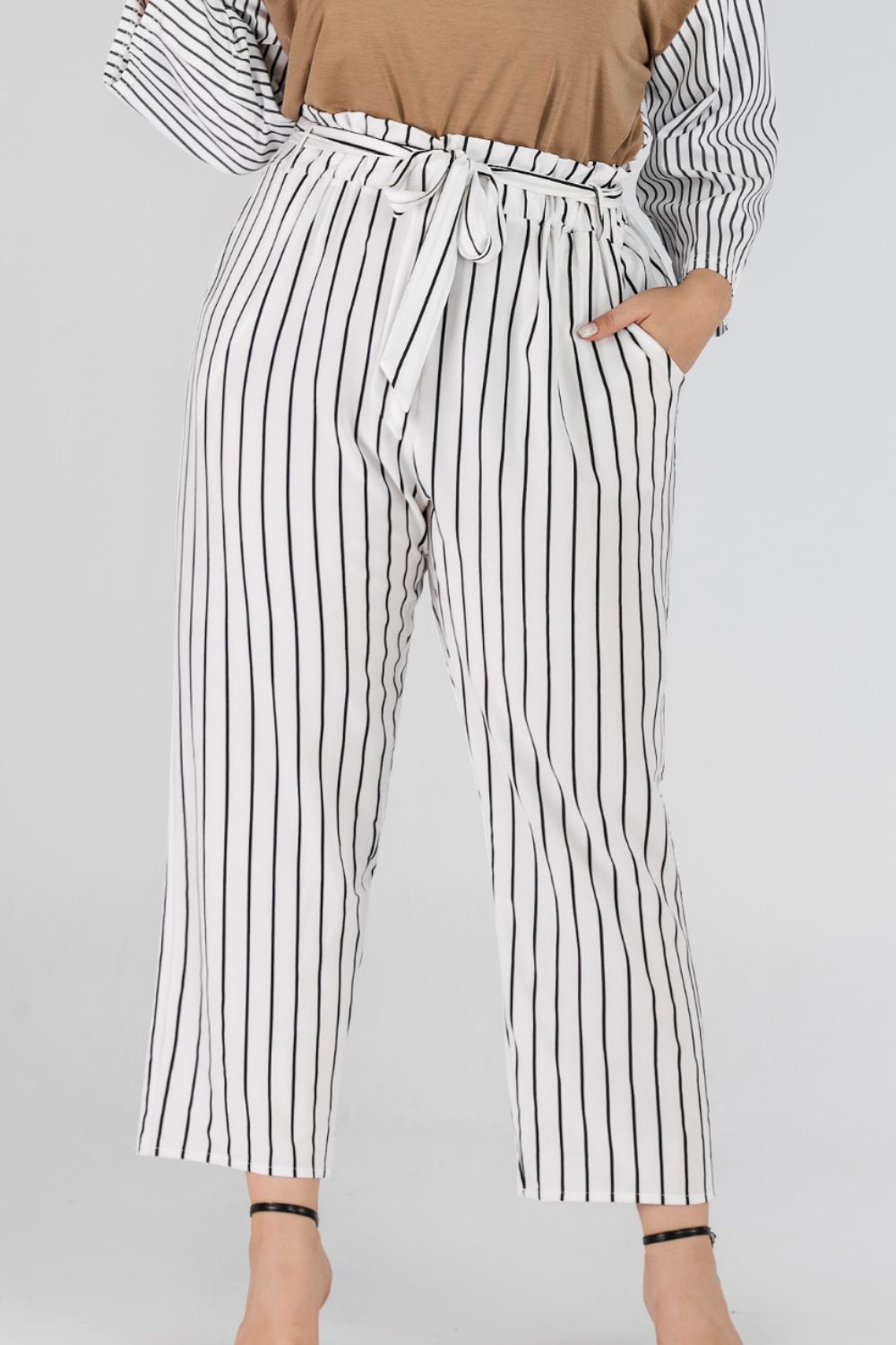 Full Size Striped Paperbag Waist Cropped Pants - Pants - FITGGINS