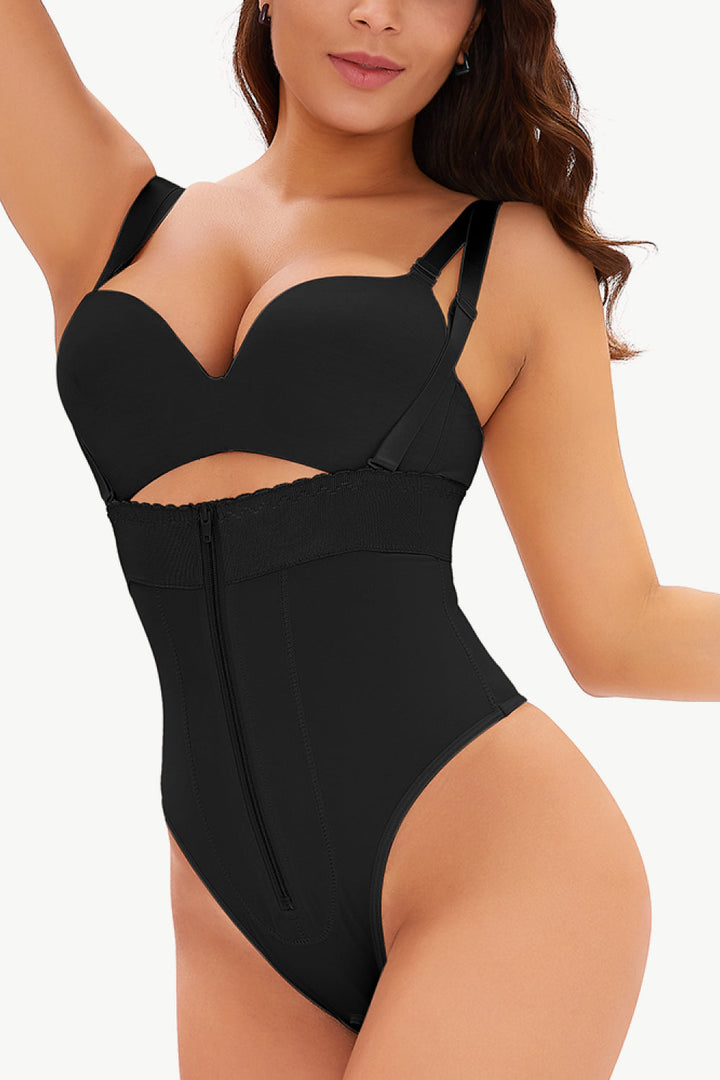 Full Size Adjustable Strap Zip-Up Shaping Bodysuit - Shapewear - FITGGINS