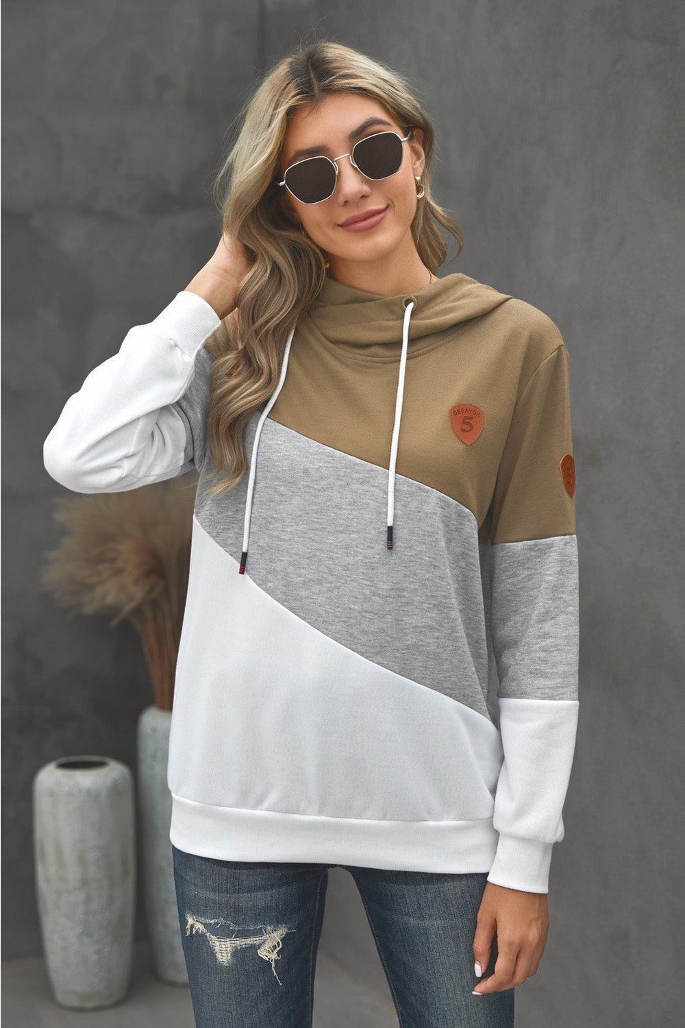 Full Size Range Color Block Cowl Neck Hoodie - Sweatshirts & Hoodies - FITGGINS