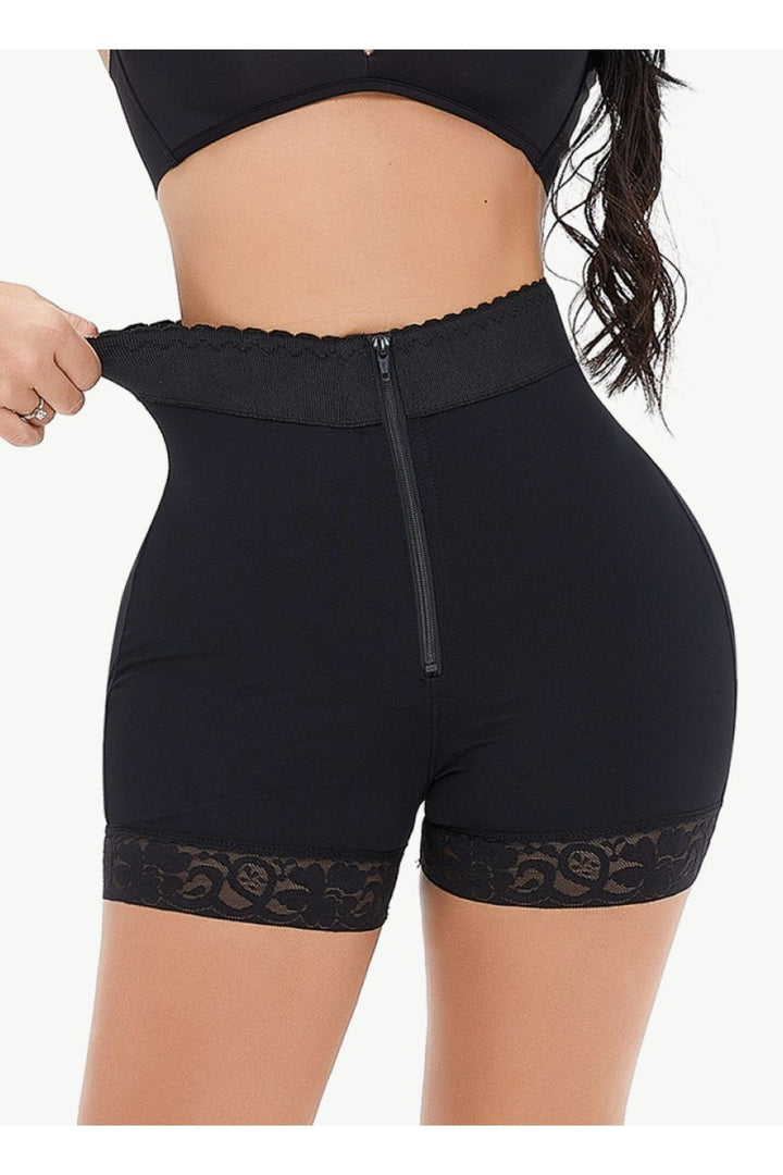 Full Size Zip-Up Lace Trim Shaping Shorts - Shapewear - FITGGINS