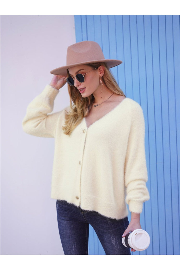 Fuzzy Long Sleeve Button Down Cardigan - Cardigans - FITGGINS