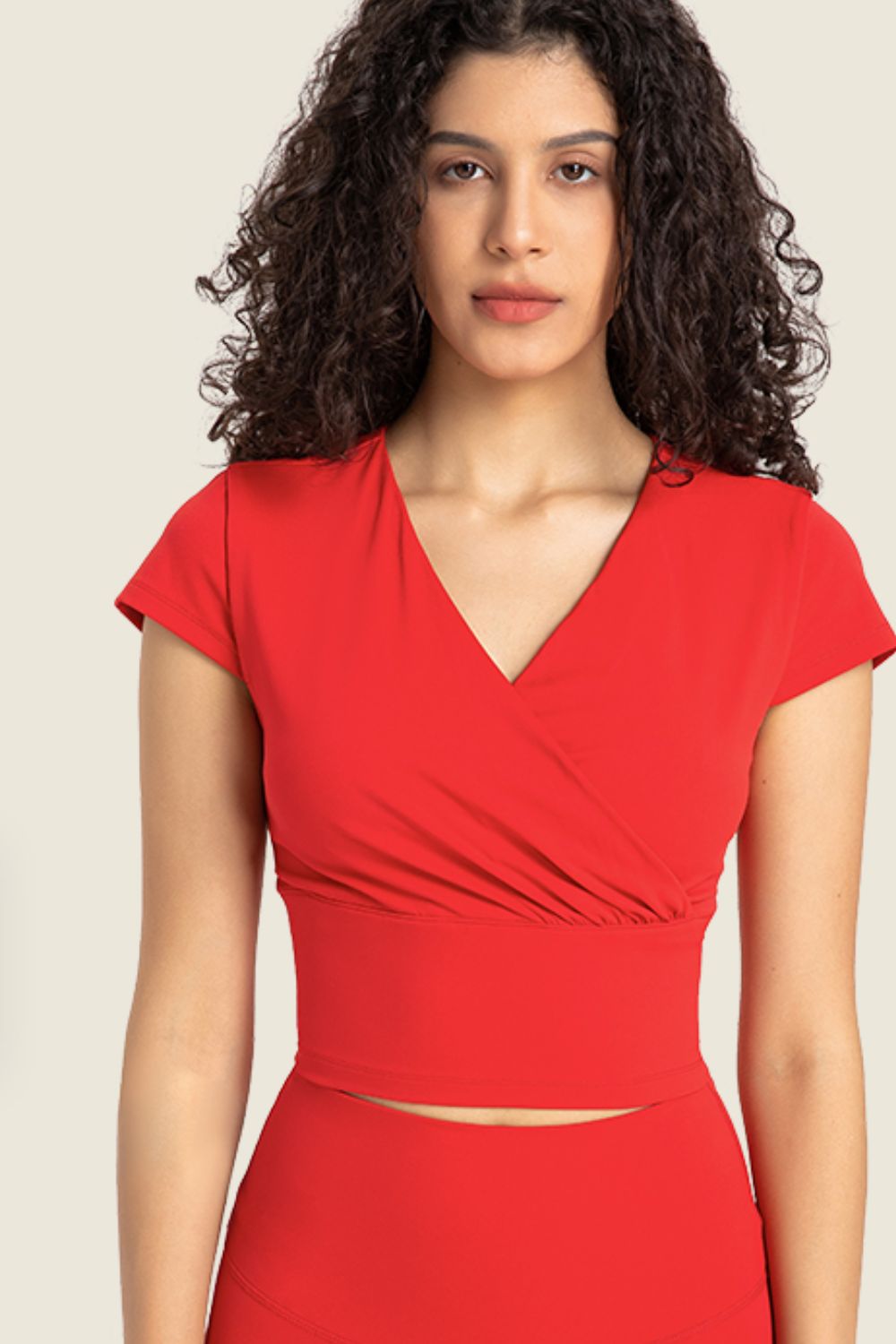 Gathered Detail Surplice Short Sleeve Sports Top - Crop Tops & Tank Tops - FITGGINS