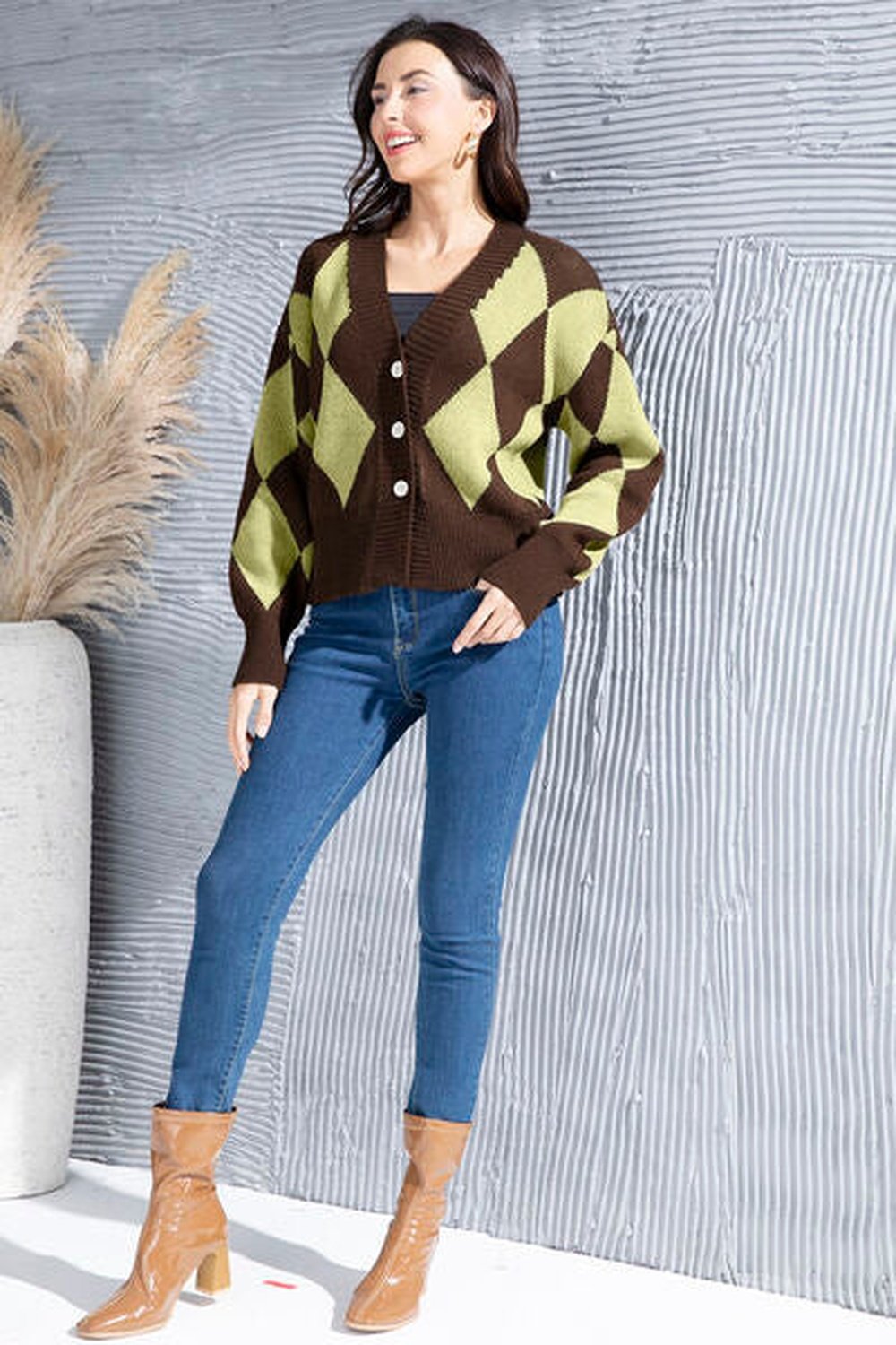 Geometric Button Up Dropped Shoulder Cardigan - Cardigans - FITGGINS