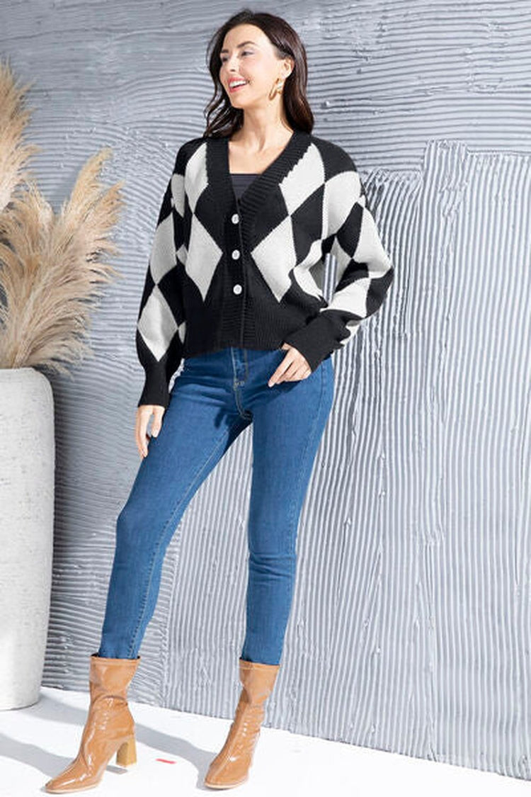 Geometric Button Up Dropped Shoulder Cardigan - Cardigans - FITGGINS