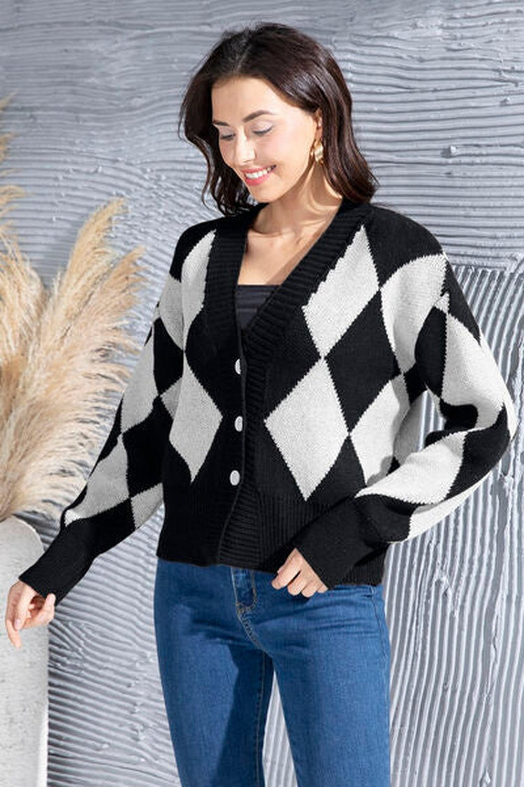 Geometric Button Up Dropped Shoulder Cardigan - Cardigans - FITGGINS