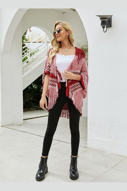 Geometric Fringe Open Front Cardigan - Cardigans - FITGGINS