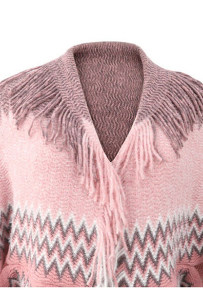 Geometric Fringe Open Front Cardigan - Cardigans - FITGGINS