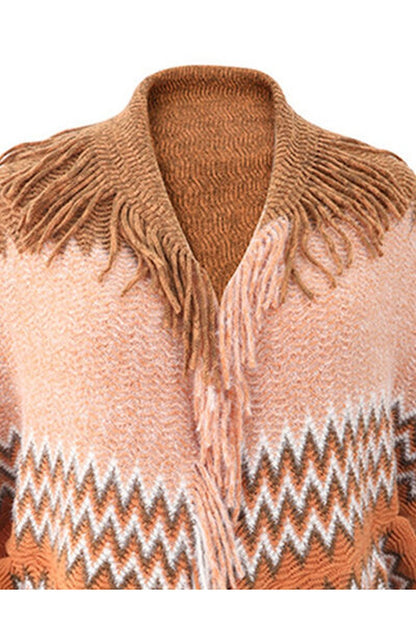 Geometric Fringe Open Front Cardigan - Cardigans - FITGGINS