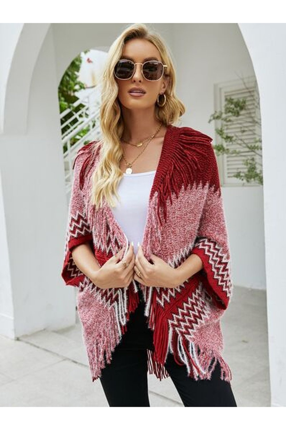 Geometric Fringe Open Front Cardigan - Cardigans - FITGGINS