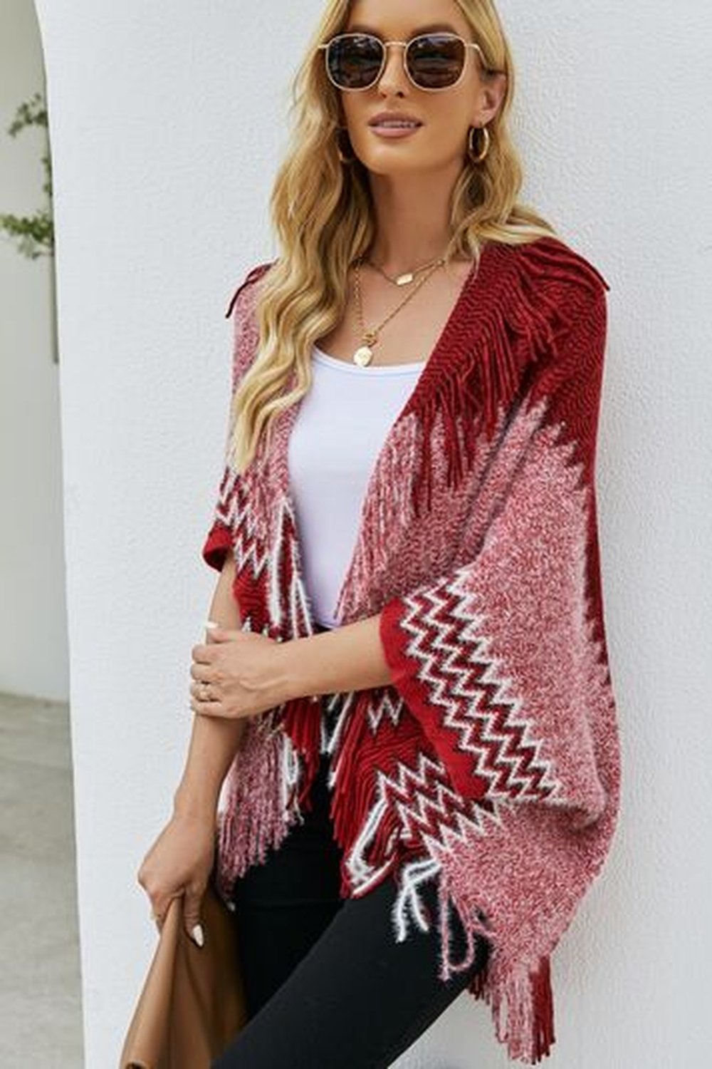 Geometric Fringe Open Front Cardigan - Cardigans - FITGGINS