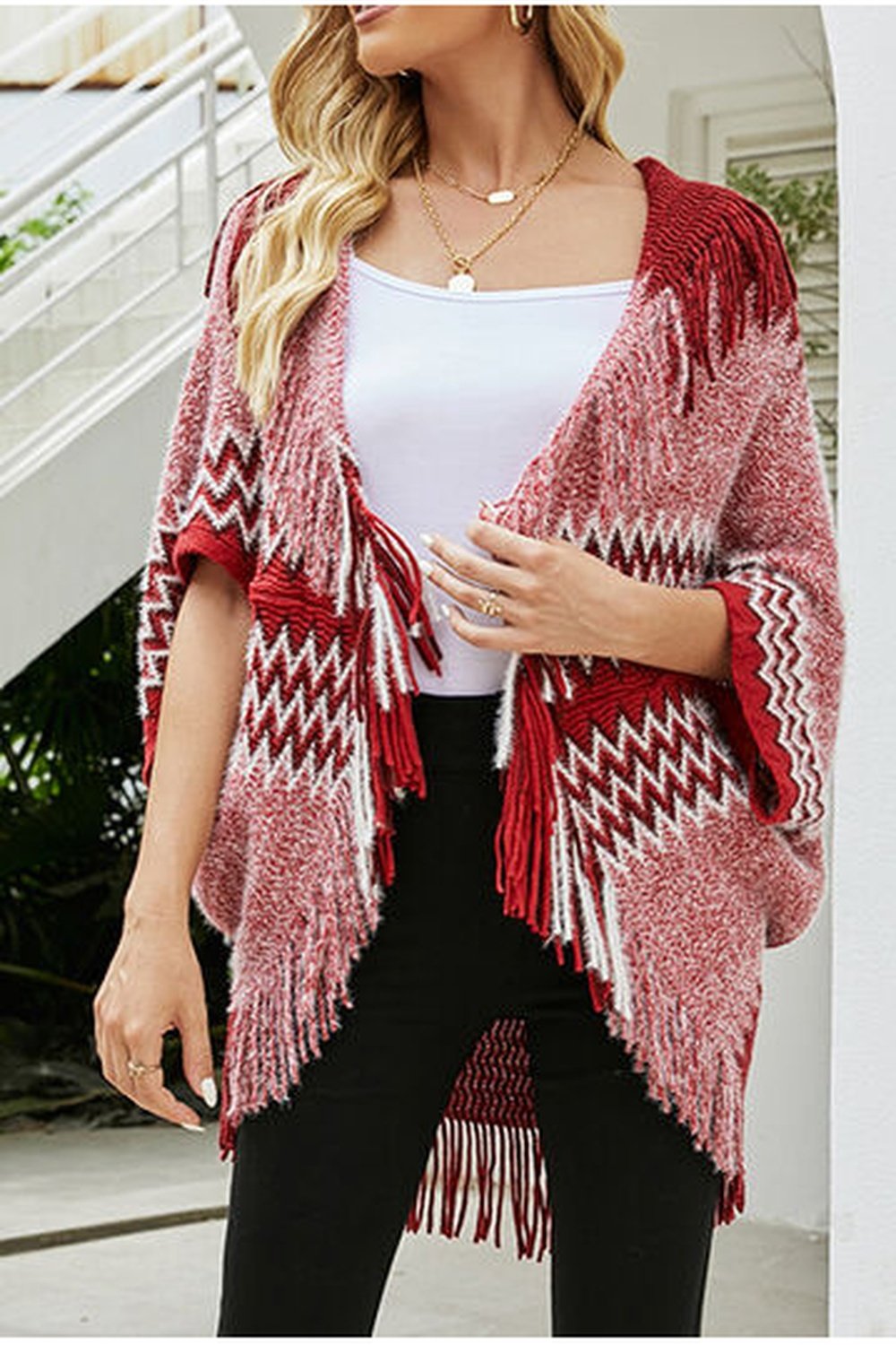 Geometric Fringe Open Front Cardigan - Cardigans - FITGGINS