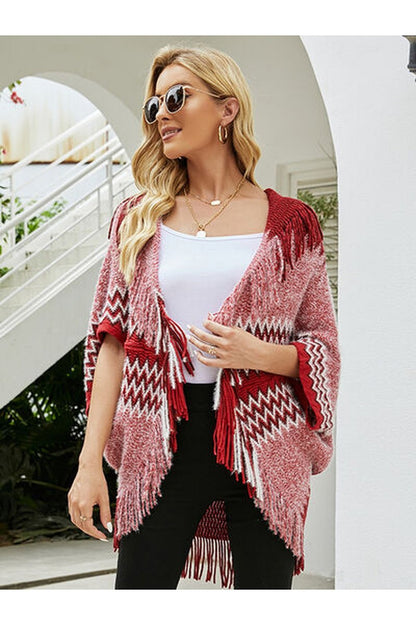 Geometric Fringe Open Front Cardigan - Cardigans - FITGGINS