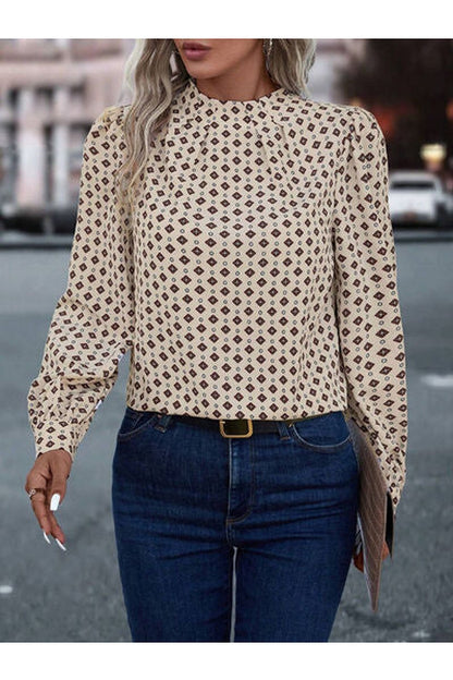 Geometric Mock Neck Long Sleeve Blouse - Blouses - FITGGINS