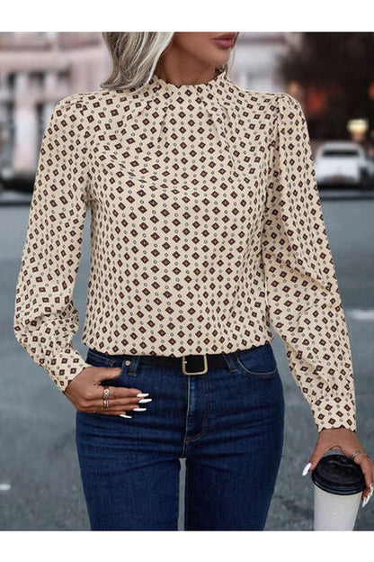 Geometric Mock Neck Long Sleeve Blouse - Blouses - FITGGINS