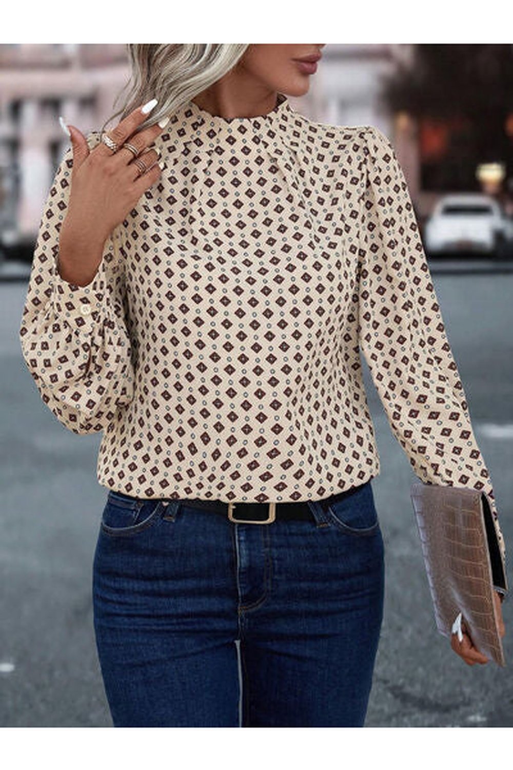 Geometric Mock Neck Long Sleeve Blouse - Blouses - FITGGINS