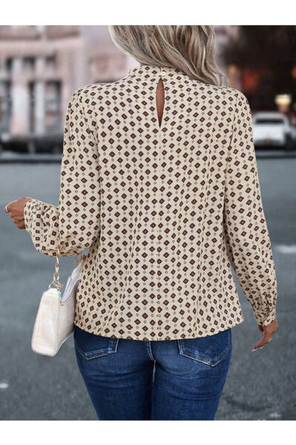 Geometric Mock Neck Long Sleeve Blouse - Blouses - FITGGINS