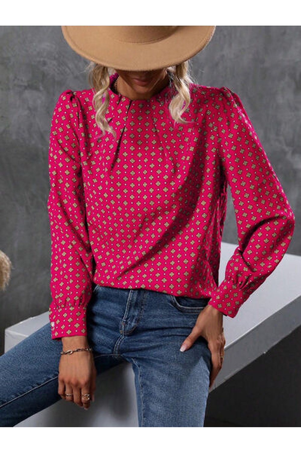 Geometric Mock Neck Long Sleeve Blouse - Blouses - FITGGINS