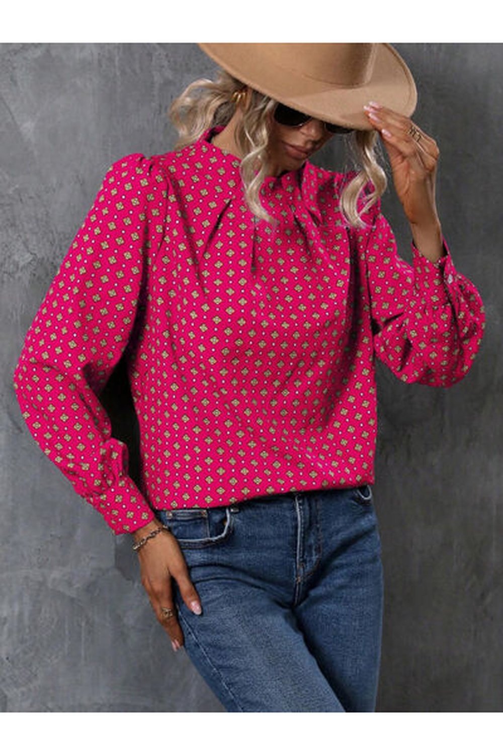 Geometric Mock Neck Long Sleeve Blouse - Blouses - FITGGINS