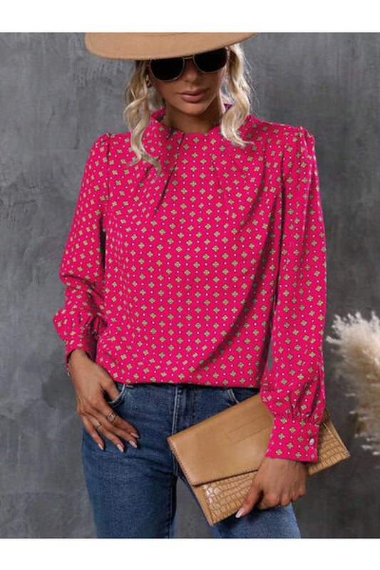 Geometric Mock Neck Long Sleeve Blouse - Blouses - FITGGINS