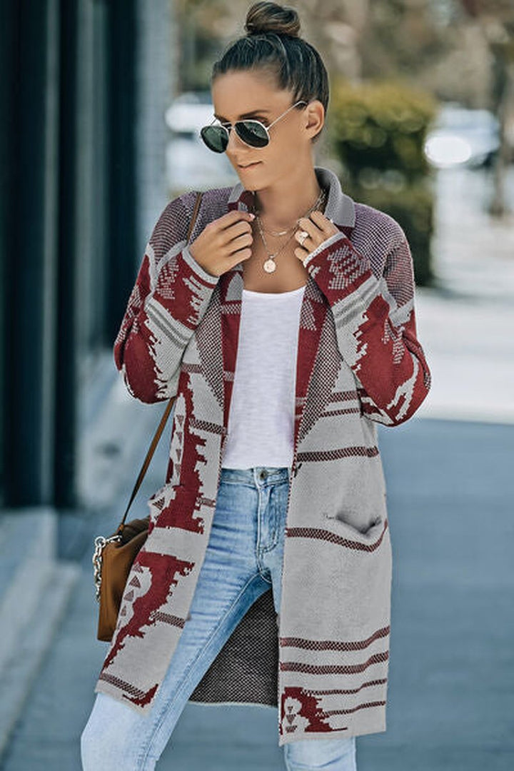 Geometric Open Front Pocketed Cardigan - Cardigans - FITGGINS