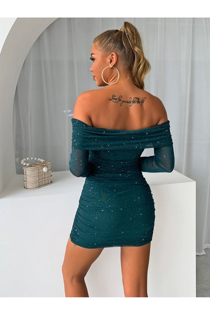 Glitter Mesh Off-Shoulder Ruched Mini Dress - Cocktail Dresses - FITGGINS