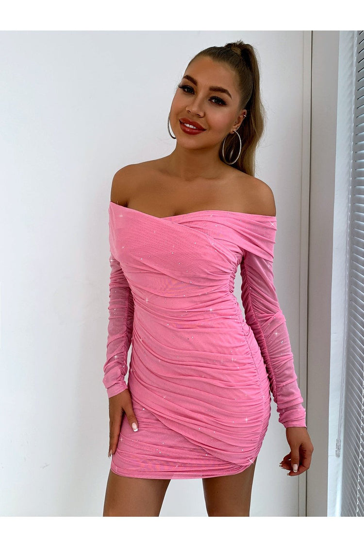 Glitter Ruched Off-Shoulder Long Sleeve Bodycon Dress - Cocktail Dresses - FITGGINS
