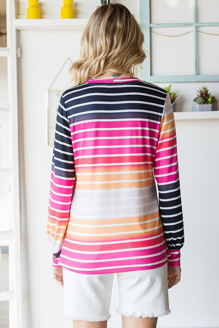 Gradient Striped Long Sleeve V-Neck Top - Sweatshirts & Hoodies - FITGGINS