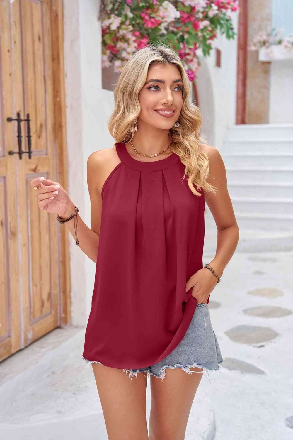Grecian Neck Sleeveless Top - Blouses - FITGGINS