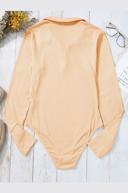 Half Button Collared Neck Long Sleeve Bodysuit - Bodysuit - FITGGINS