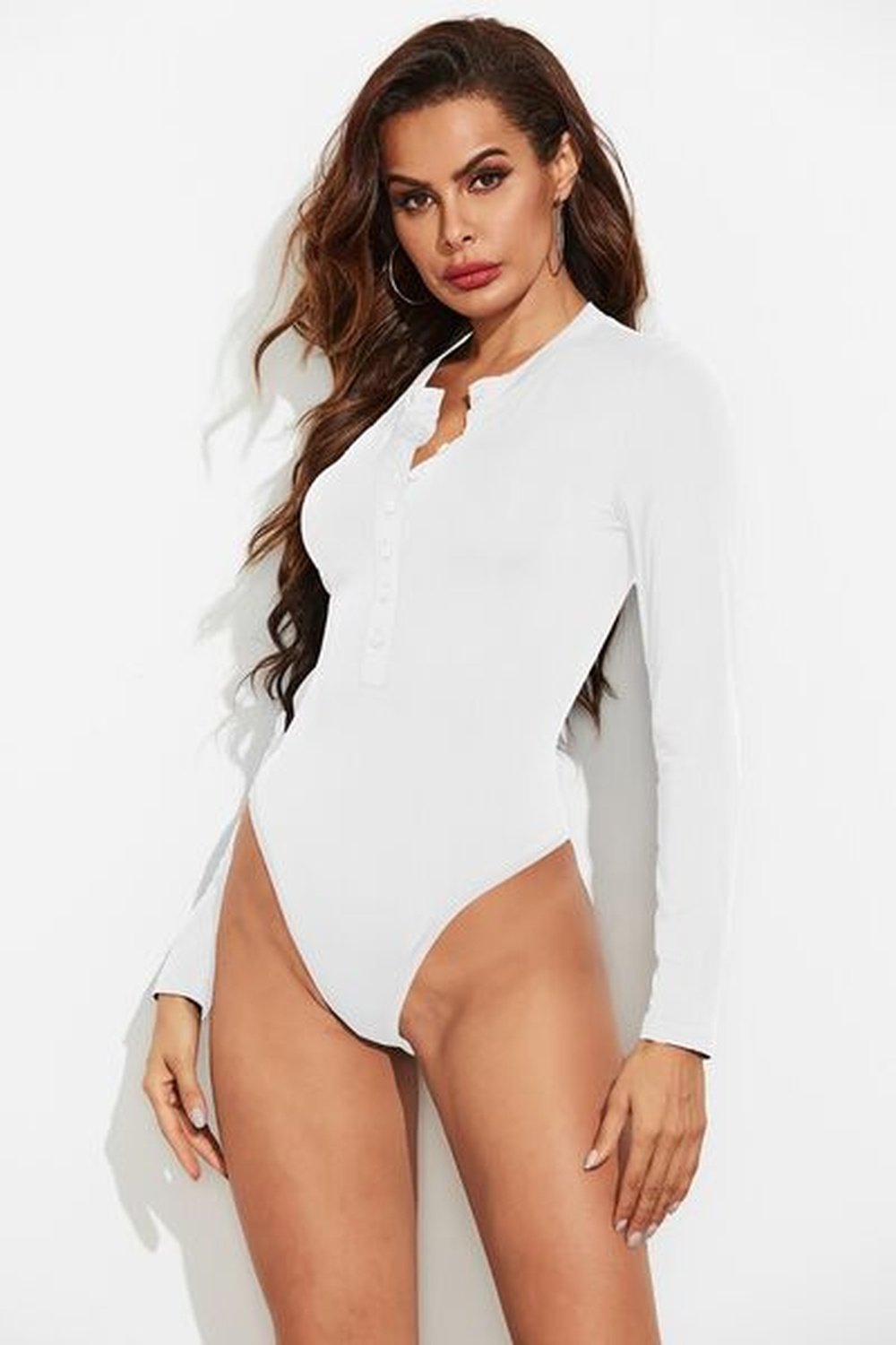 Half Button Round Neck Long Sleeve Bodysuit - Bodysuit - FITGGINS