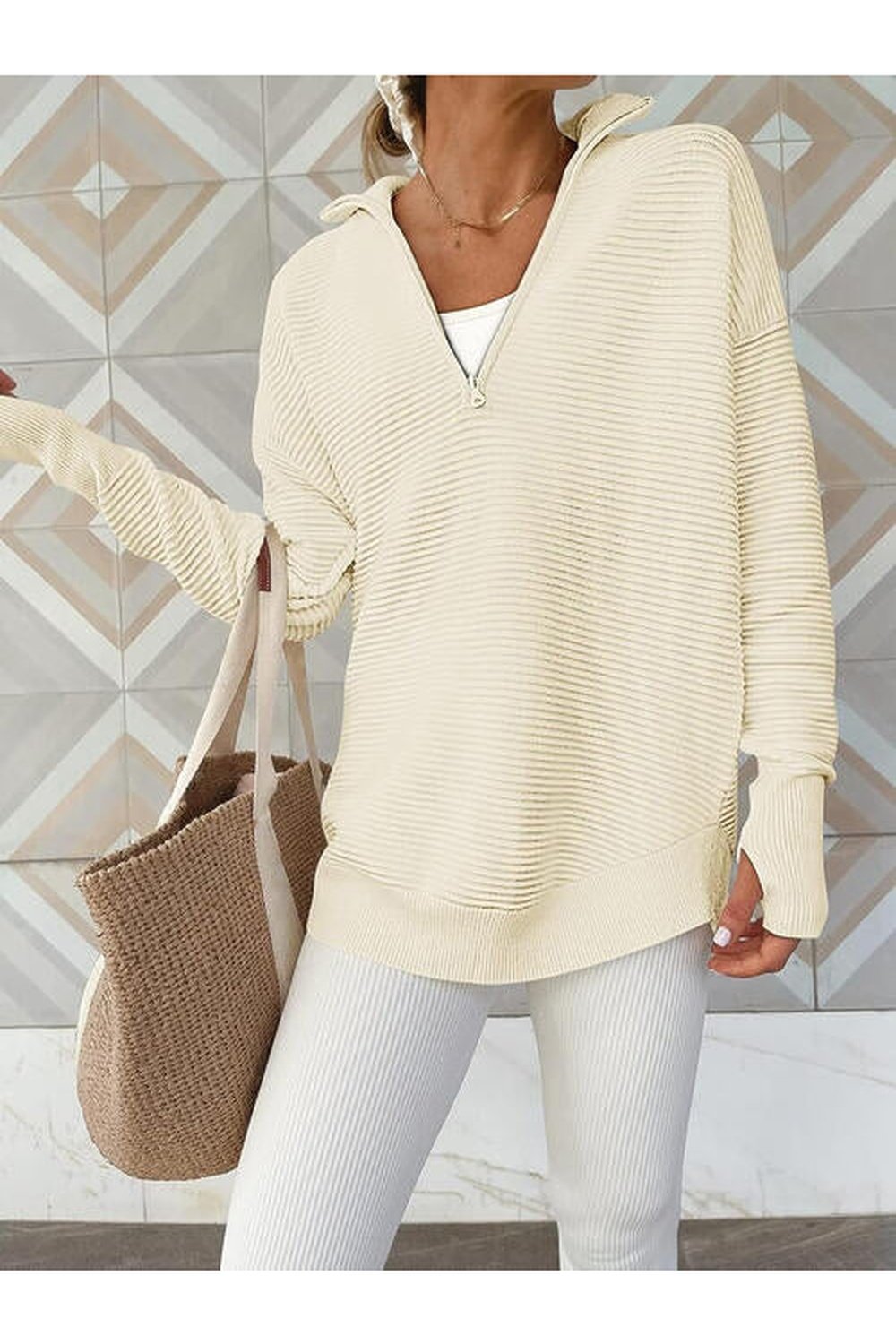 Half Zip Long Sleeve Knit Top - Pullover Sweaters - FITGGINS