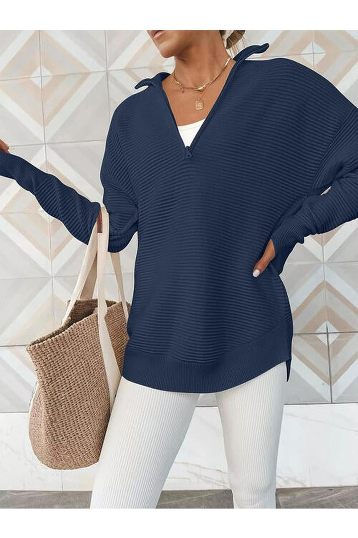 Half Zip Long Sleeve Knit Top - Pullover Sweaters - FITGGINS