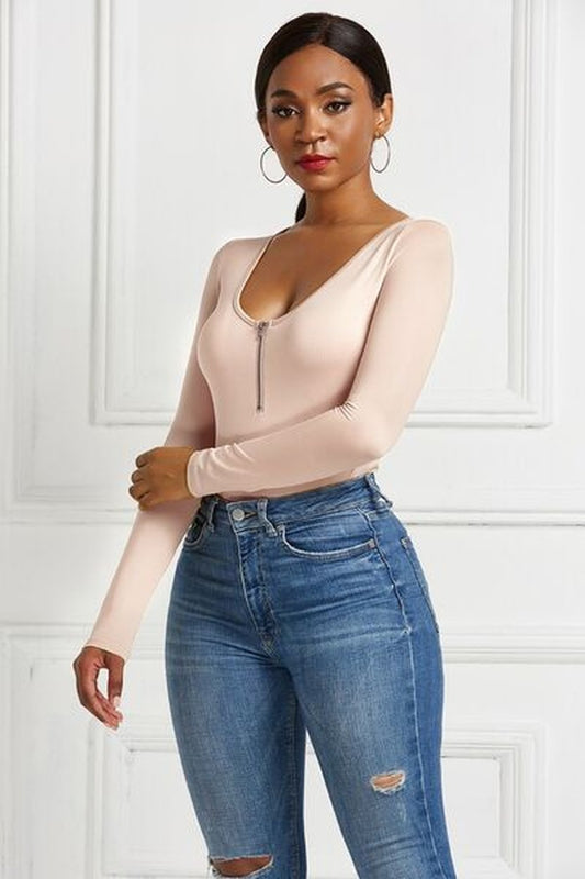 Half Zip Scoop Neck Long Sleeve Bodysuit - Bodysuit - FITGGINS