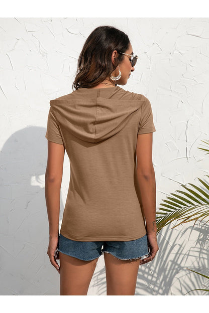 Half-Zip Short Sleeve Hooded Top - Blouses - FITGGINS