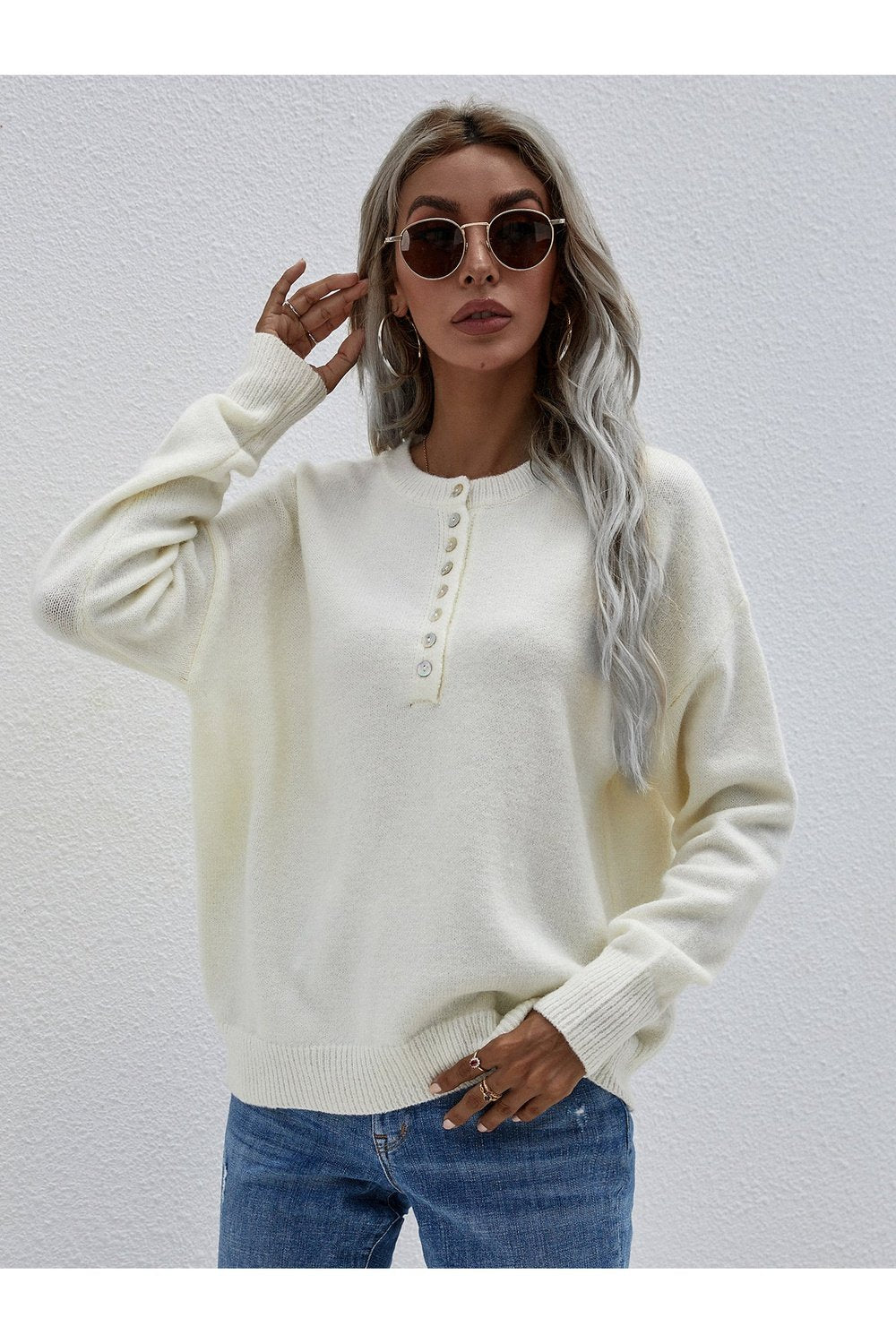 Half Button Long Sleeve Henley Sweater - Pullover Sweaters - FITGGINS