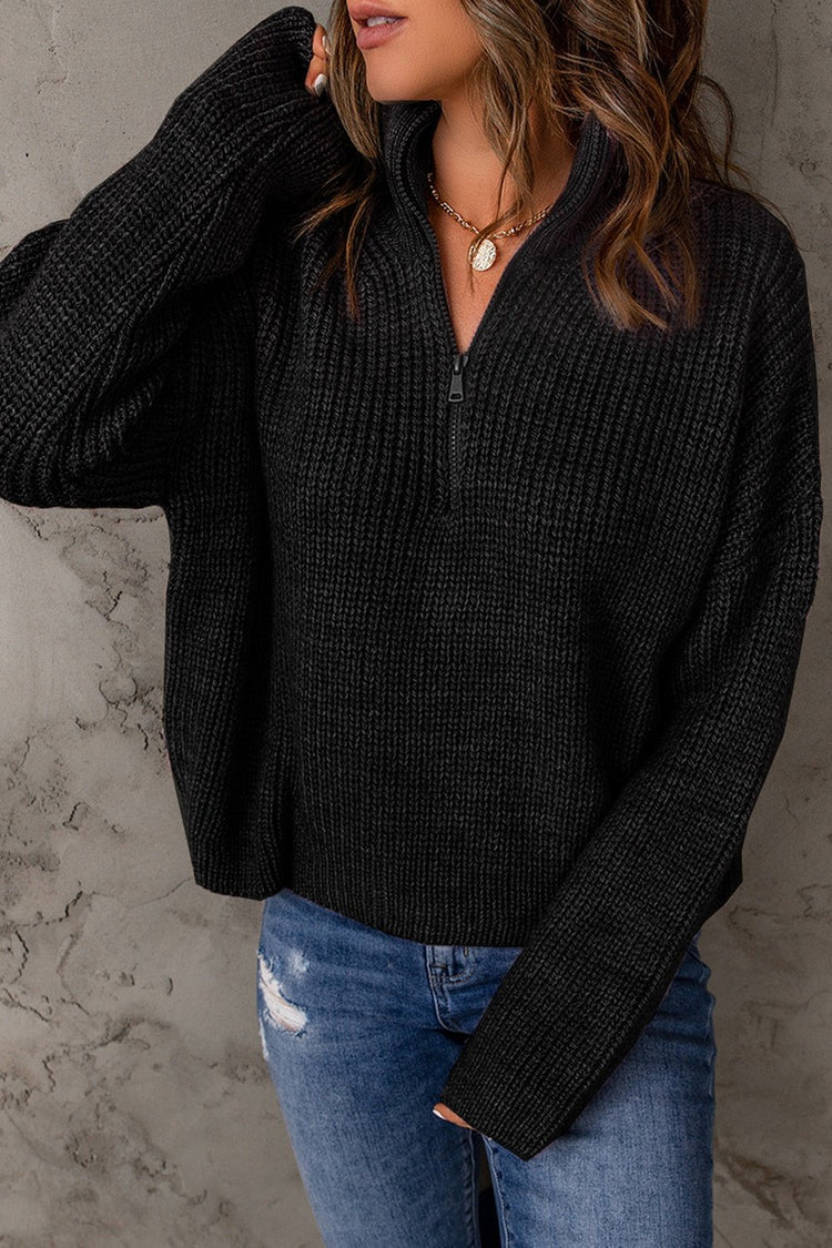Half Zip Rib-Knit Dropped Shoulder Sweater - Pullover Sweaters - FITGGINS