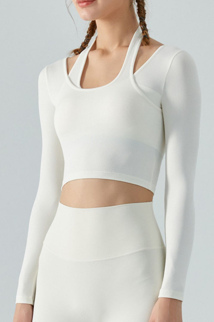 Halter Neck Long Sleeve Cropped Sports Top - Crop Tops & Tank Tops - FITGGINS