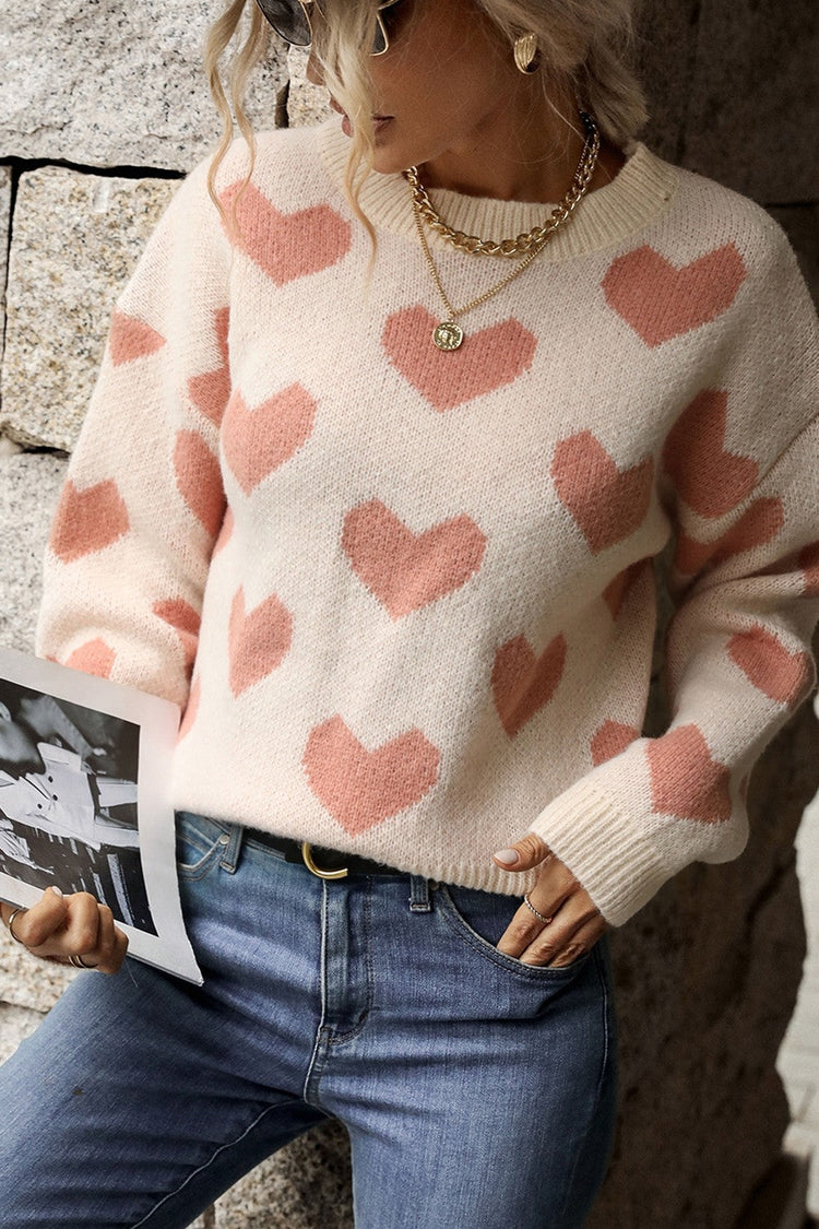 Heart Pattern Dropped Shoulder Sweater - Pullover Sweaters - FITGGINS