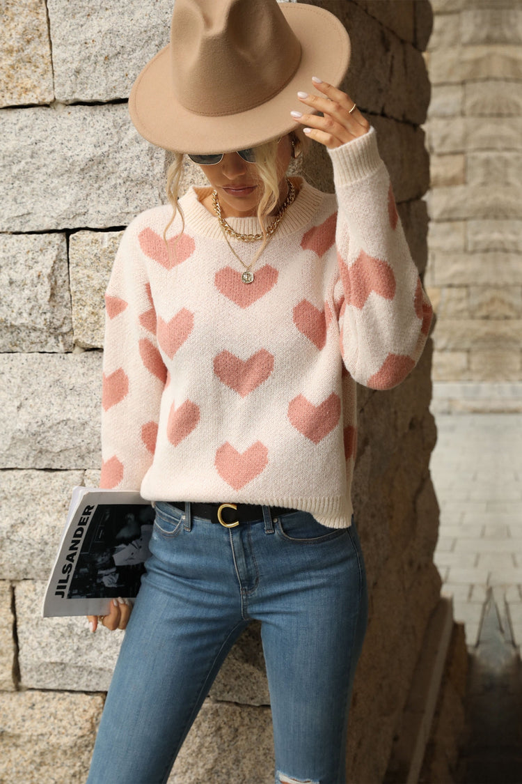 Heart Pattern Dropped Shoulder Sweater - Pullover Sweaters - FITGGINS