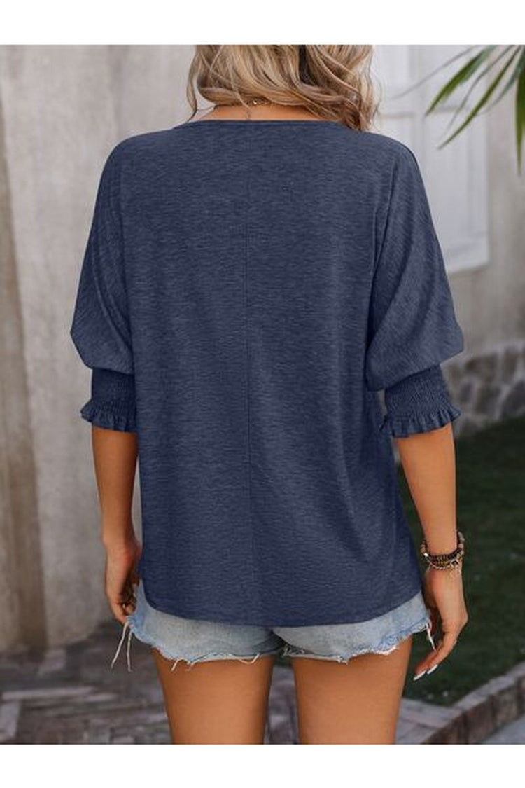 Heathered Notched Lantern Sleeve Blouse - Blouses - FITGGINS