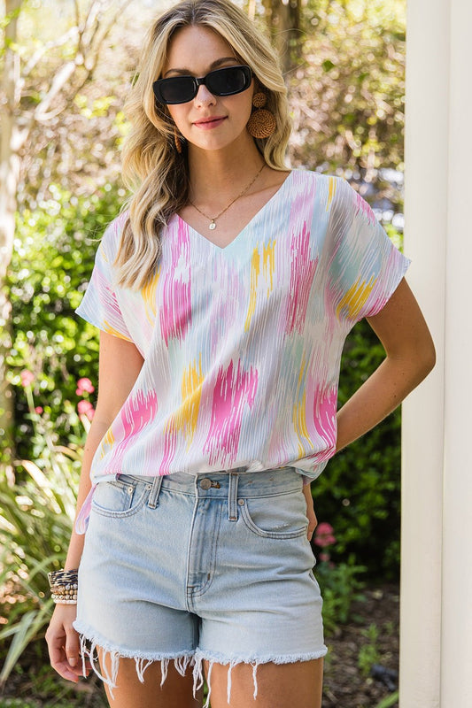 High-Low V-Neck Short Sleeve Blouse - Blouses - FITGGINS