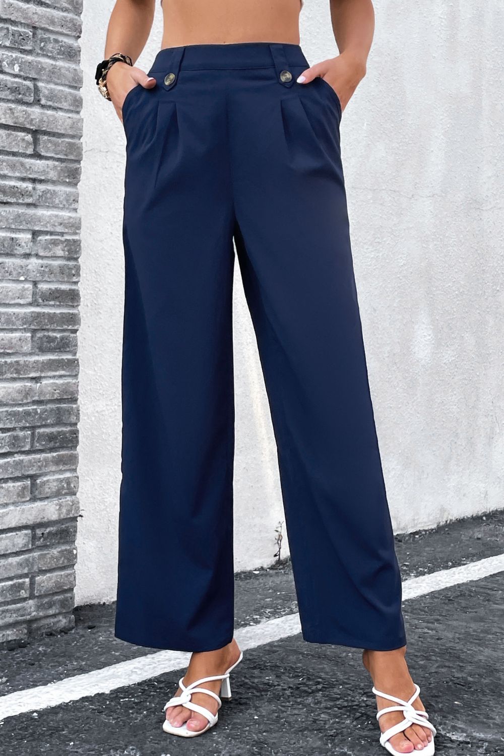 High-Rise Pleated Waist Wide Leg Pants - Pants - FITGGINS