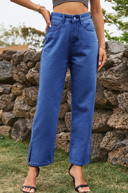 High Waist Loose Fit Ankle Slit Jeans - Jeans - FITGGINS