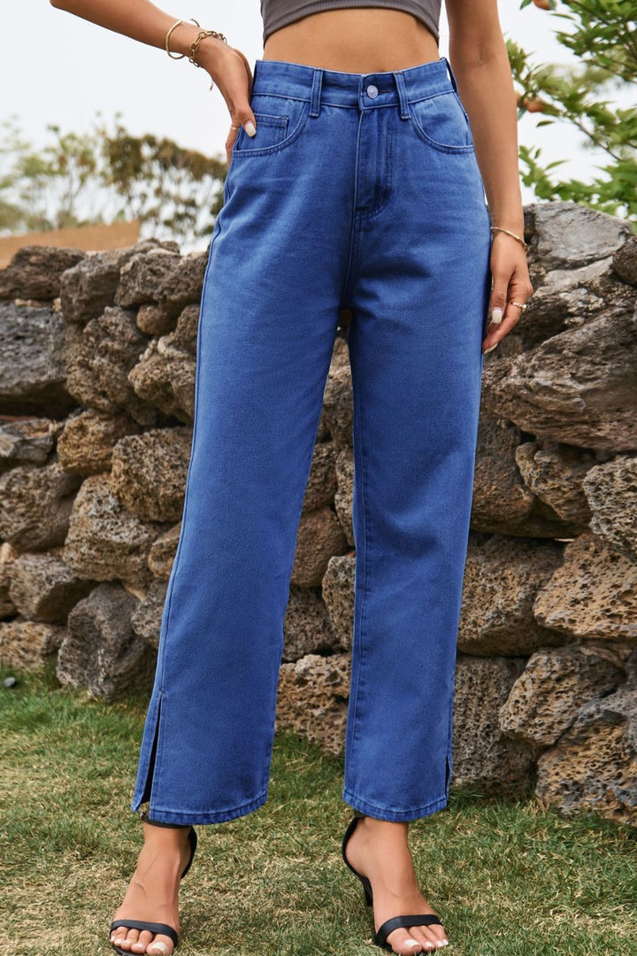 High Waist Loose Fit Ankle Slit Jeans - Jeans - FITGGINS