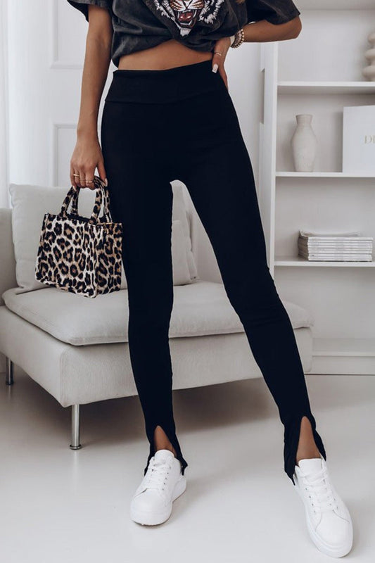 High Waist Ribbed Slit Leggings - Leggings - FITGGINS